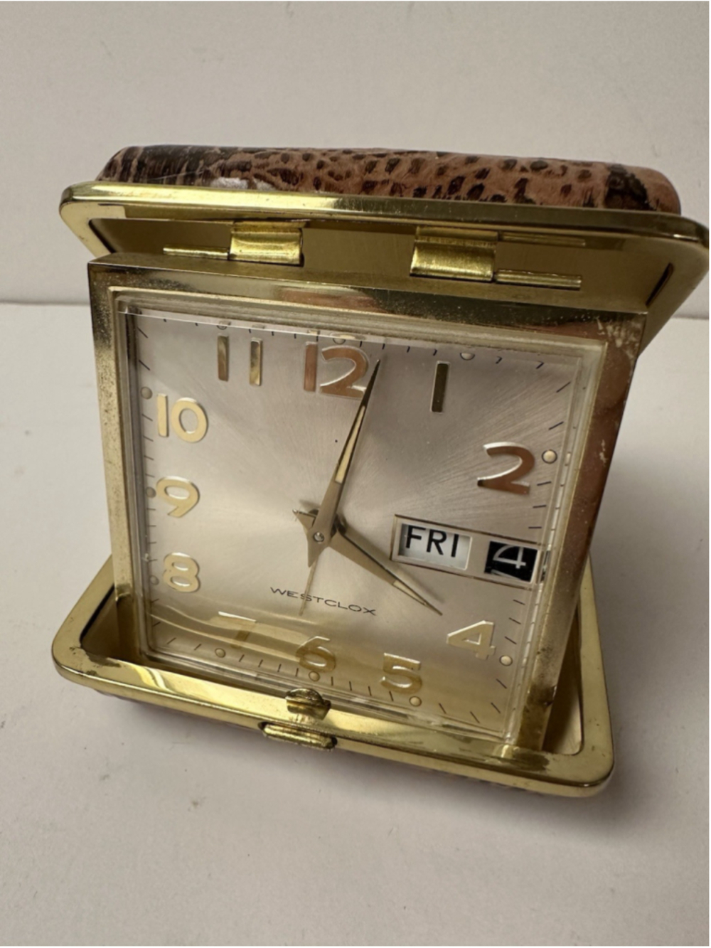 Vintage Westclox Travel Folding Alarm Clock Day Date Faux Alligator Case Gold